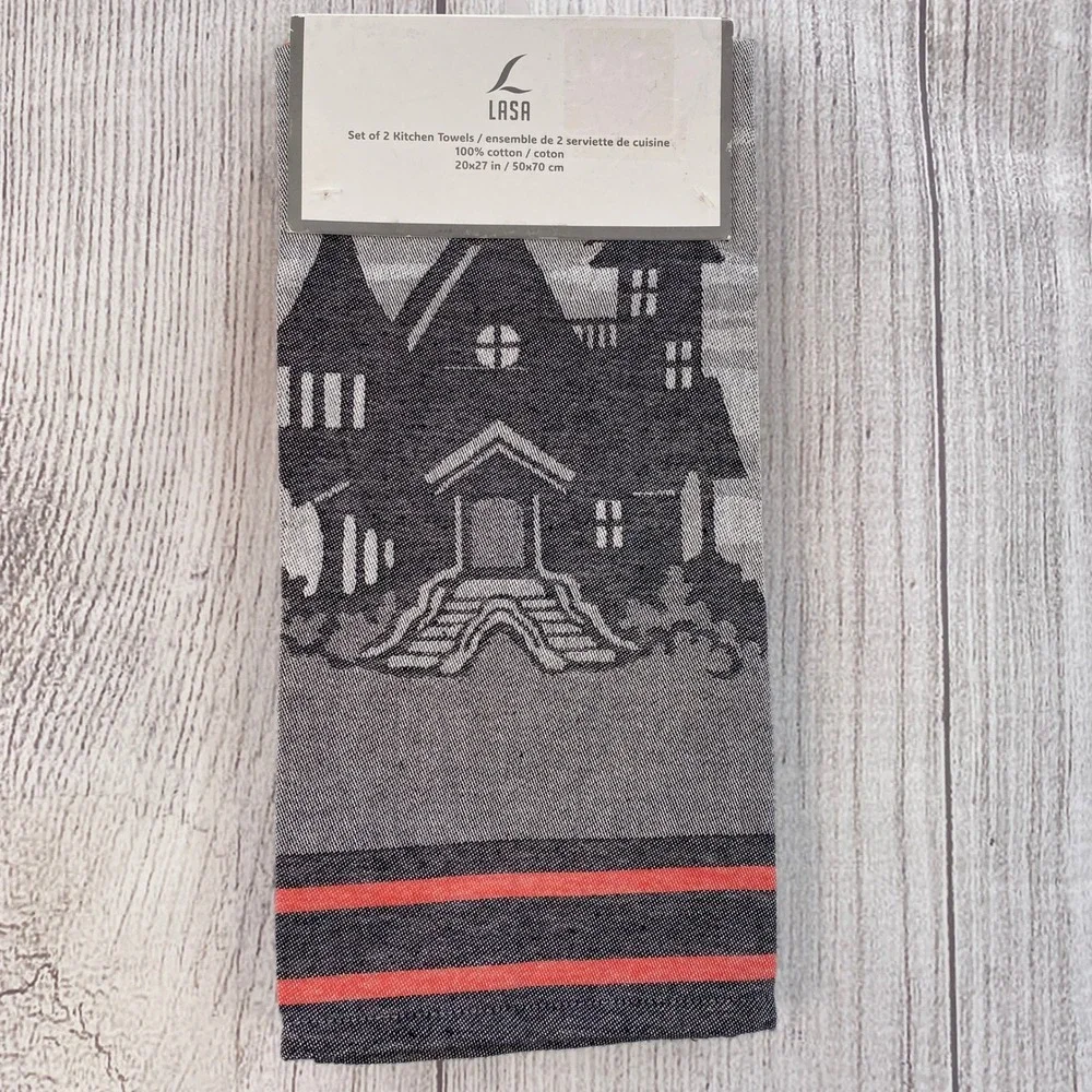 LASA Kitchen Towels (2) Gray Halloween Haunted House Black Cat Gothic Spooky
